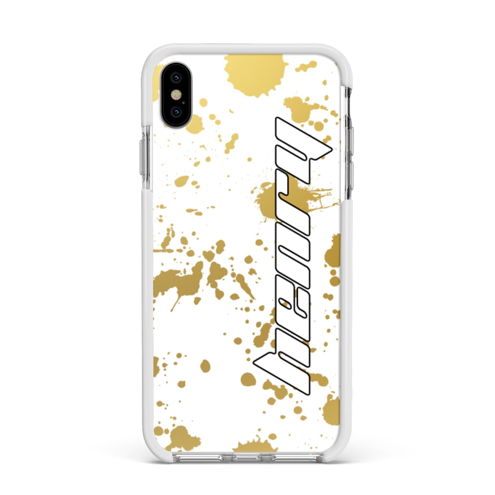 Personalised Gold Ink Splash Apple iPhone Xs Max Impact Case White Edge on Silver Phone