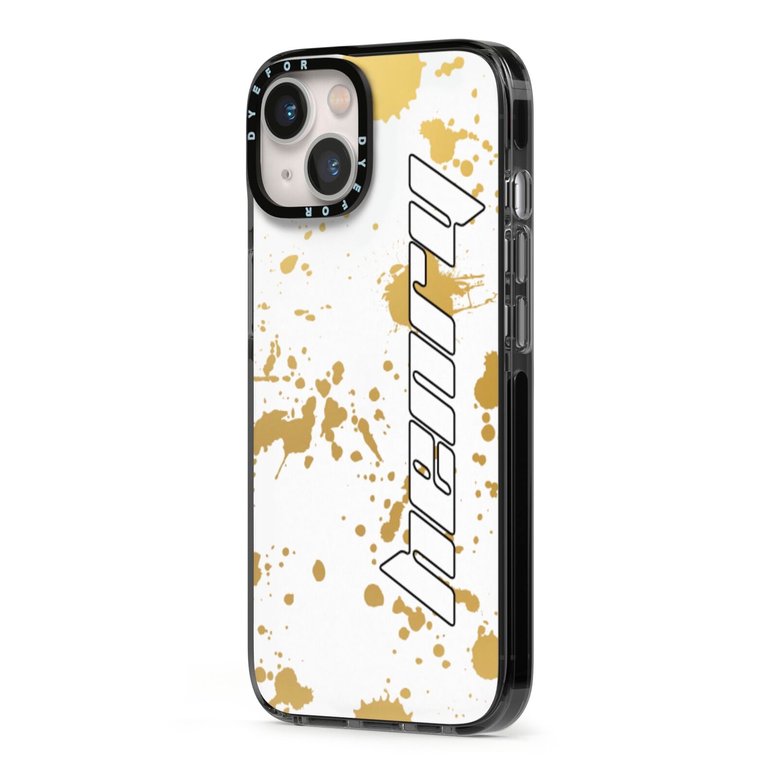 Personalised Gold Ink Splash iPhone 13 Black Impact Case Side Angle on Silver phone