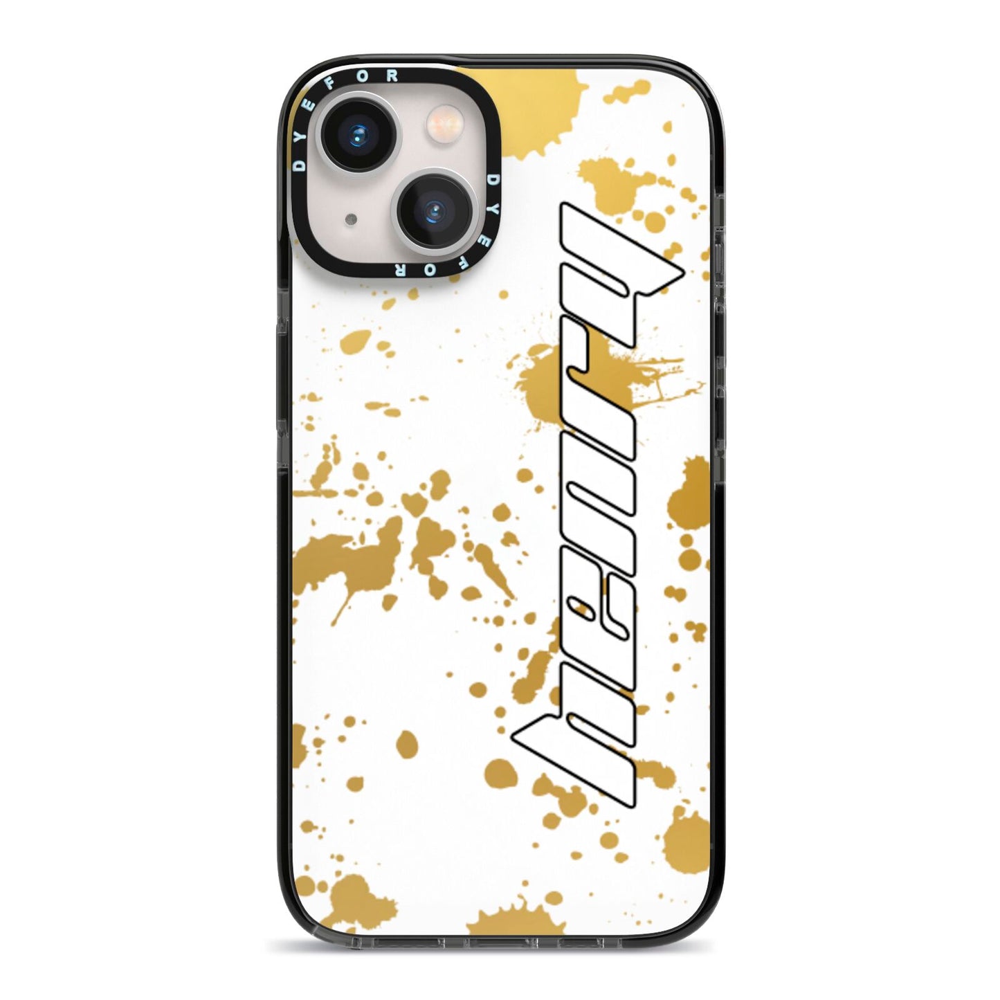 Personalised Gold Ink Splash iPhone 13 Black Impact Case on Silver phone