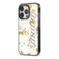 Personalised Gold Ink Splash iPhone 13 Pro Black Impact Case Side Angle on Silver phone