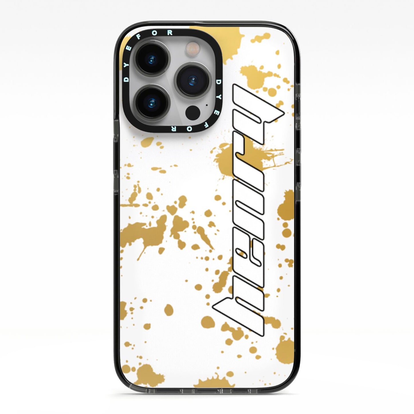 Personalised Gold Ink Splash iPhone 13 Pro Black Impact Case on Silver phone