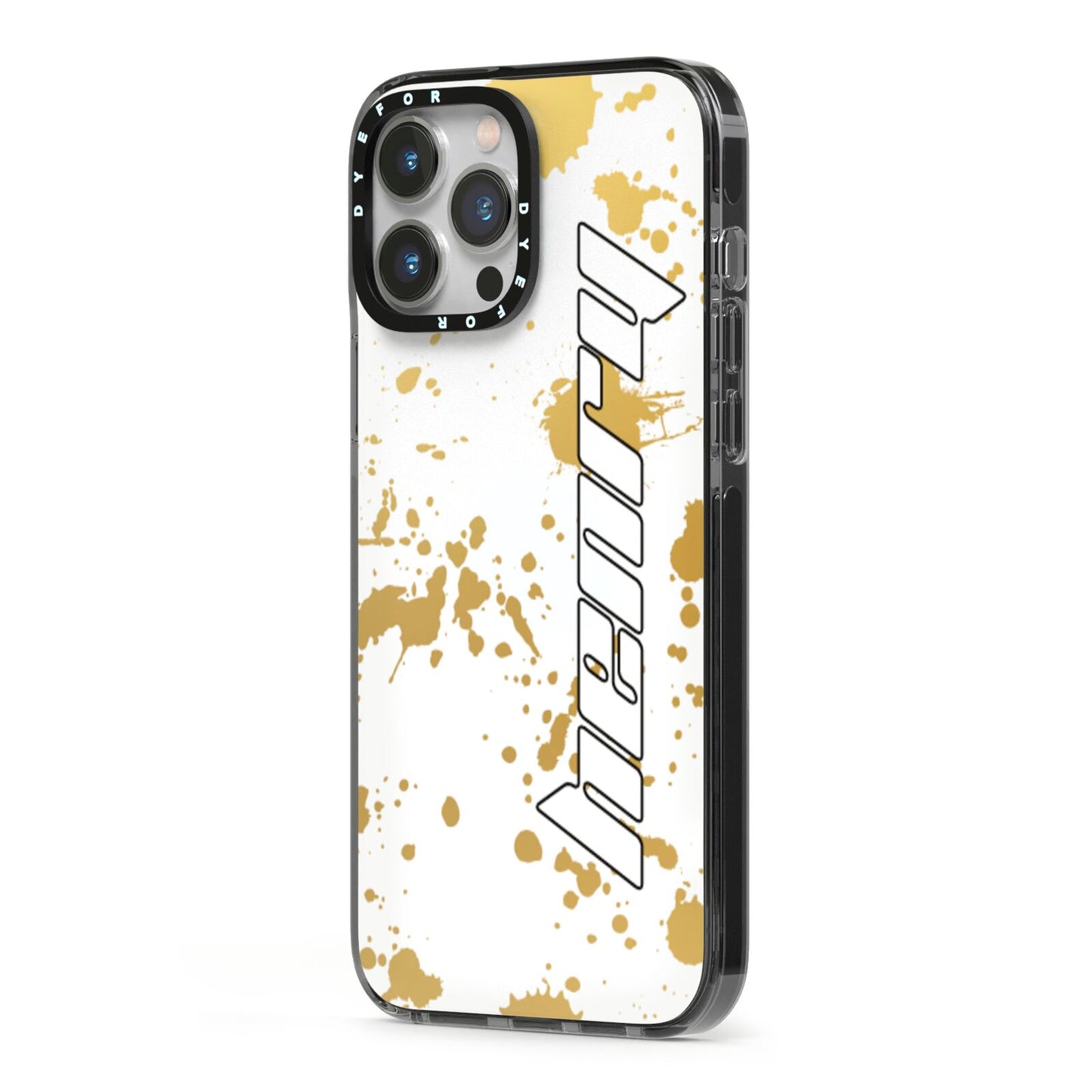 Personalised Gold Ink Splash iPhone 13 Pro Max Black Impact Case Side Angle on Silver phone