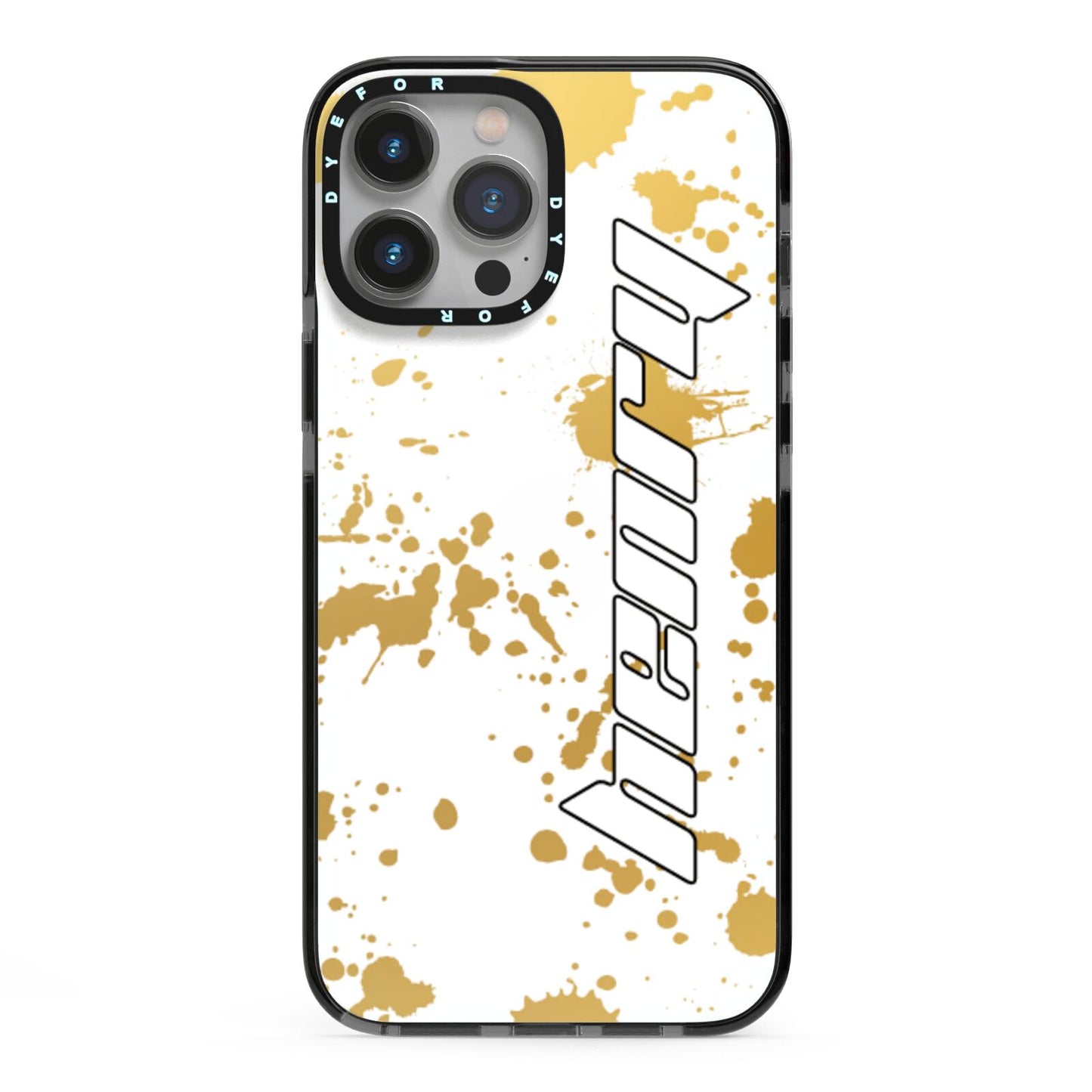 Personalised Gold Ink Splash iPhone 13 Pro Max Black Impact Case on Silver phone