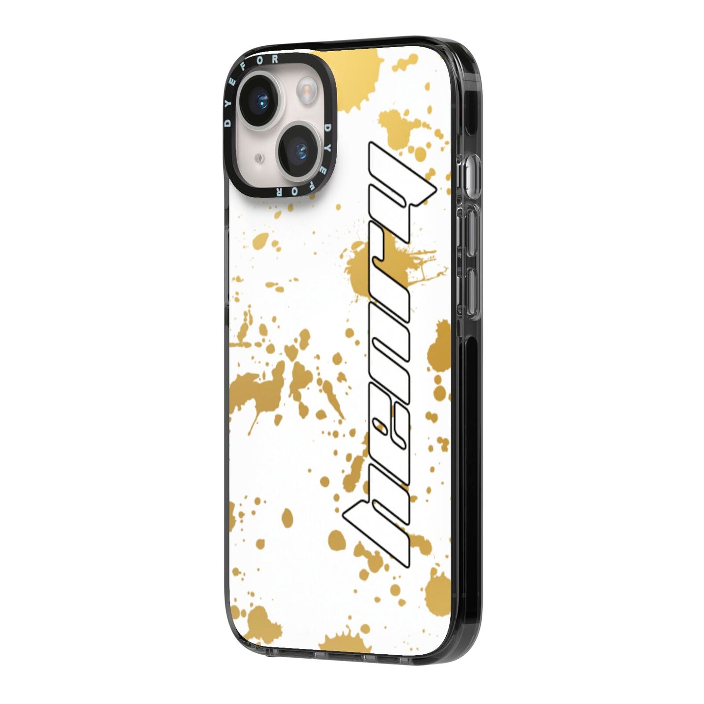 Personalised Gold Ink Splash iPhone 14 Black Impact Case Side Angle on Silver phone