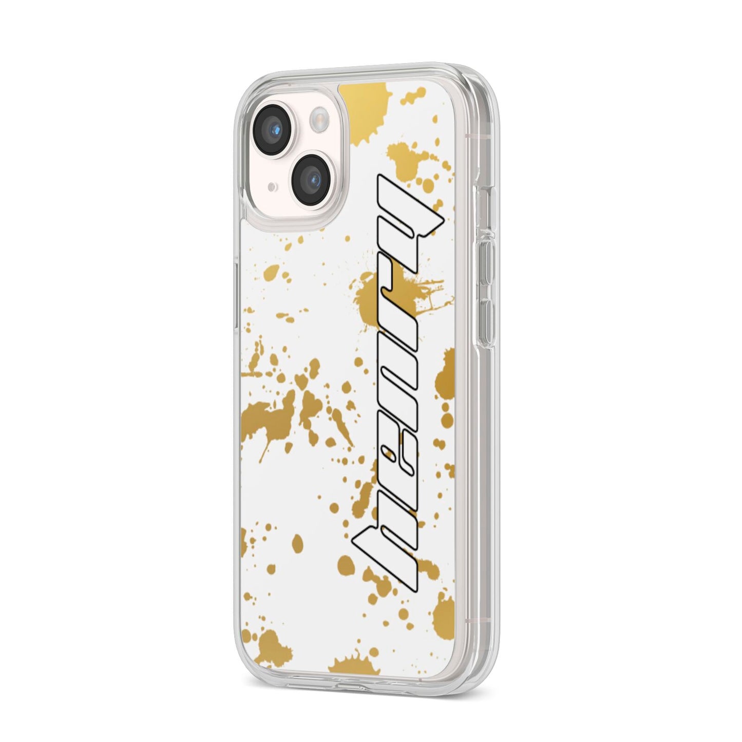 Personalised Gold Ink Splash iPhone 14 Clear Tough Case Starlight Angled Image