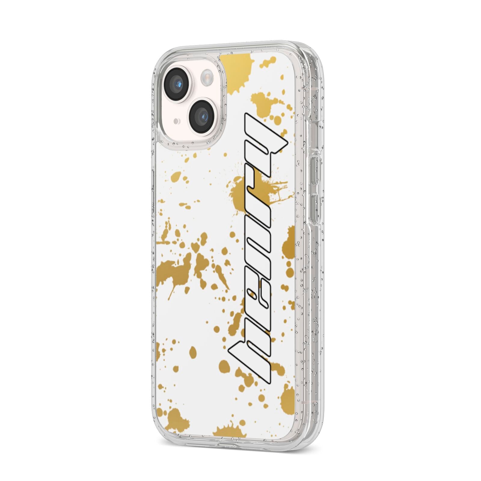 Personalised Gold Ink Splash iPhone 14 Glitter Tough Case Starlight Angled Image