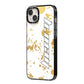 Personalised Gold Ink Splash iPhone 14 Plus Black Impact Case Side Angle on Silver phone