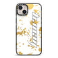 Personalised Gold Ink Splash iPhone 14 Plus Black Impact Case on Silver phone