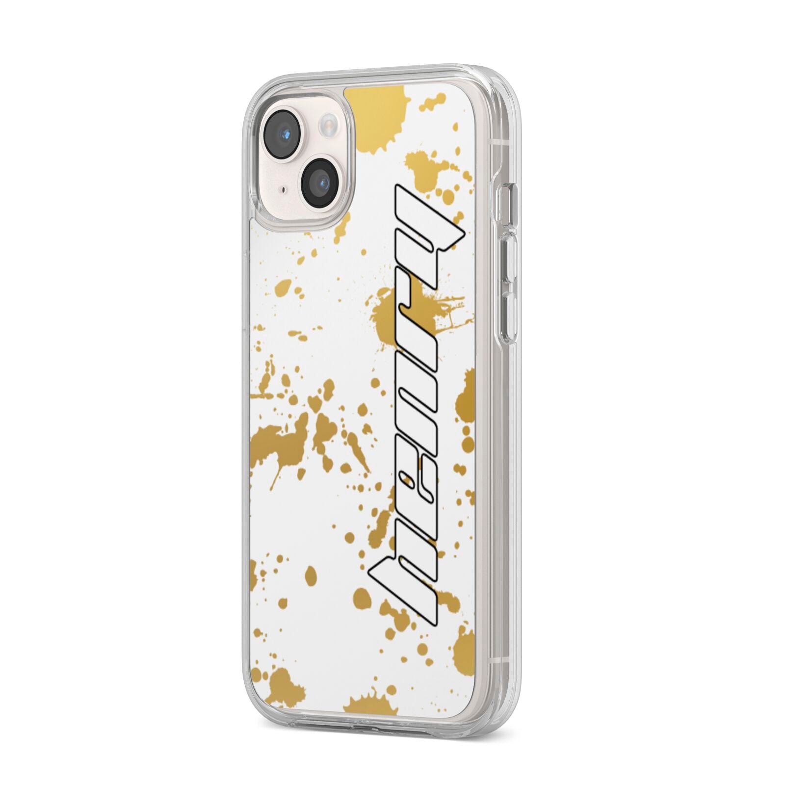 Personalised Gold Ink Splash iPhone 14 Plus Clear Tough Case Starlight Angled Image