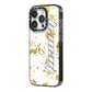 Personalised Gold Ink Splash iPhone 14 Pro Black Impact Case Side Angle on Silver phone