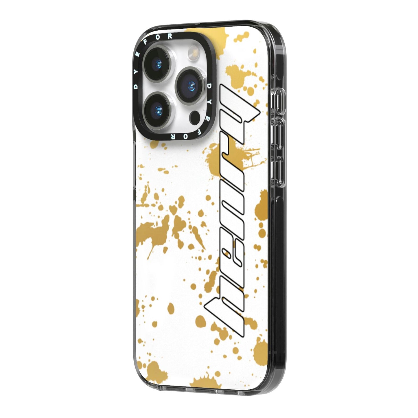 Personalised Gold Ink Splash iPhone 14 Pro Black Impact Case Side Angle on Silver phone