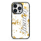 Personalised Gold Ink Splash iPhone 14 Pro Black Impact Case on Silver phone