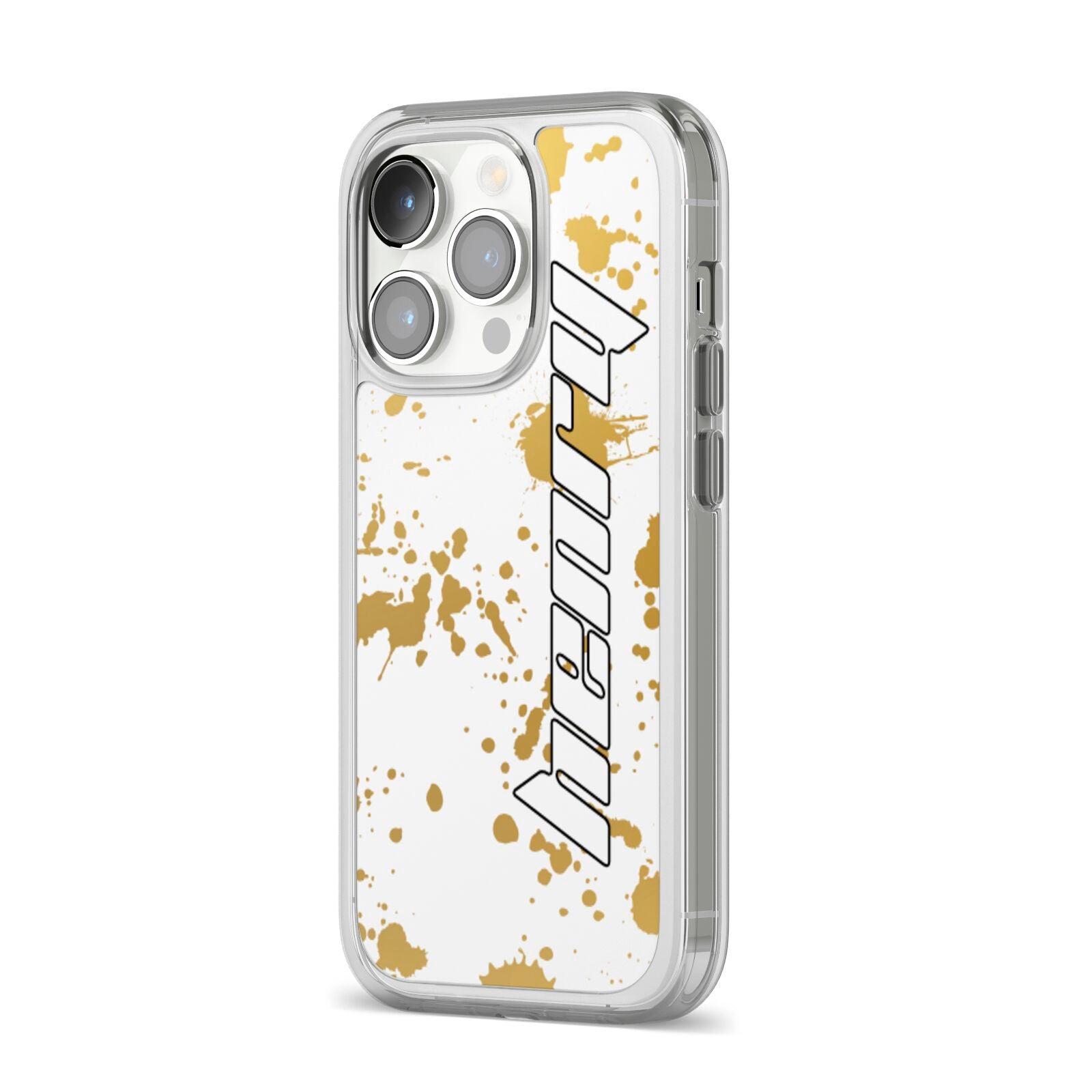 Personalised Gold Ink Splash iPhone 14 Pro Clear Tough Case Silver Angled Image