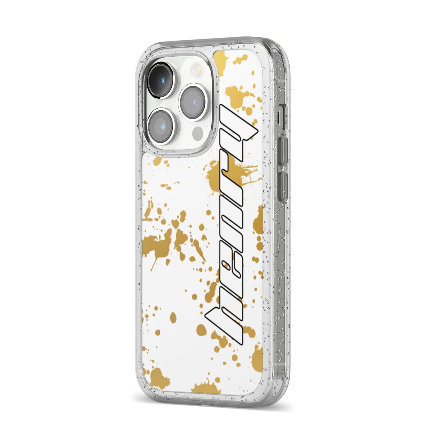 Personalised Gold Ink Splash iPhone 14 Pro Glitter Tough Case Silver Angled Image