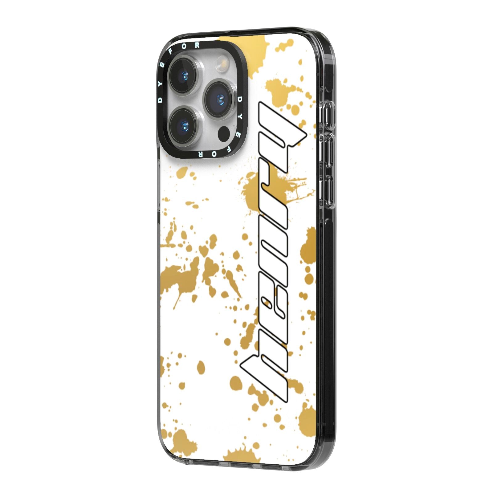 Personalised Gold Ink Splash iPhone 14 Pro Max Black Impact Case Side Angle on Silver phone
