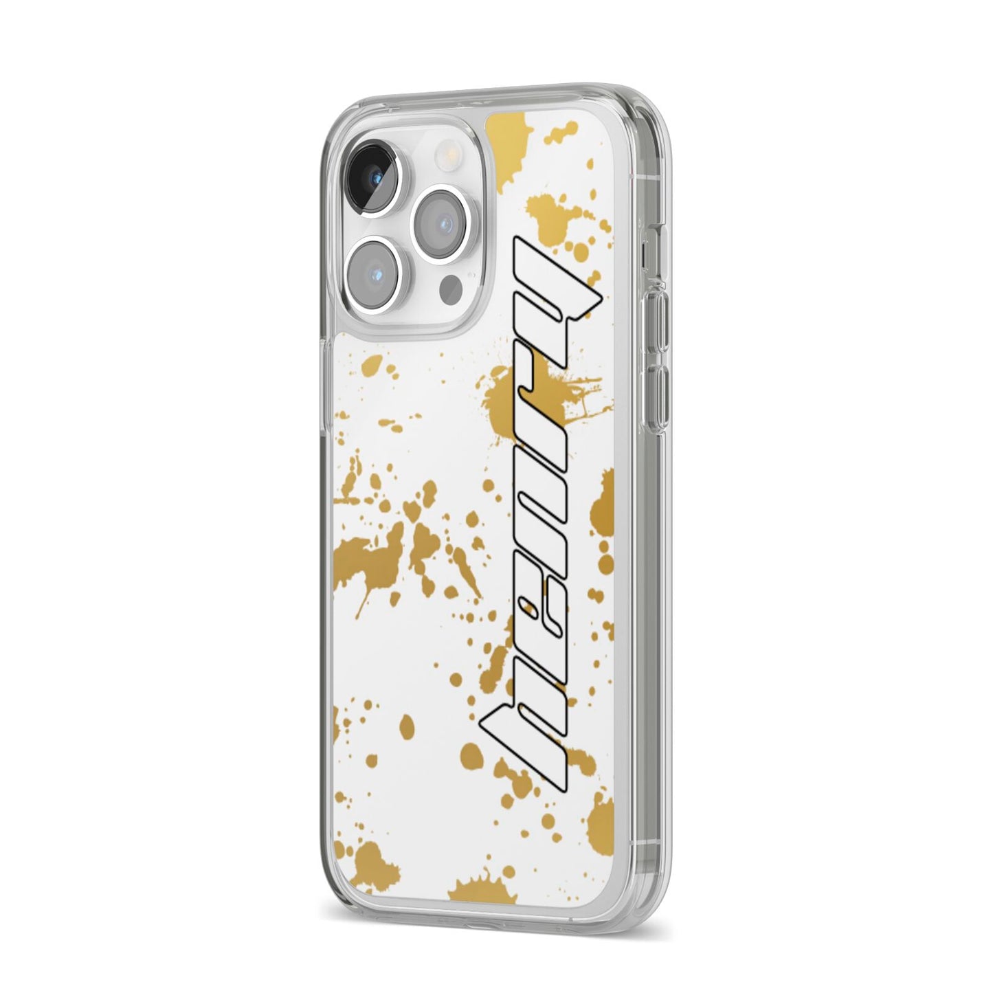 Personalised Gold Ink Splash iPhone 14 Pro Max Clear Tough Case Silver Angled Image