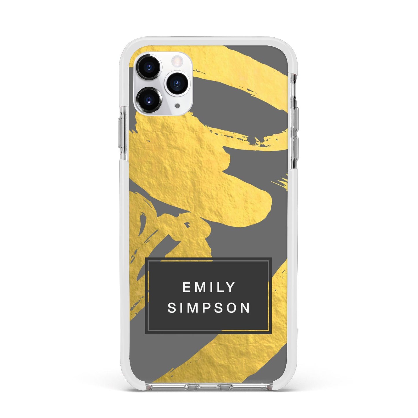 Personalised Gold Leaf Grey With Name Apple iPhone 11 Pro Max in Silver with White Impact Case