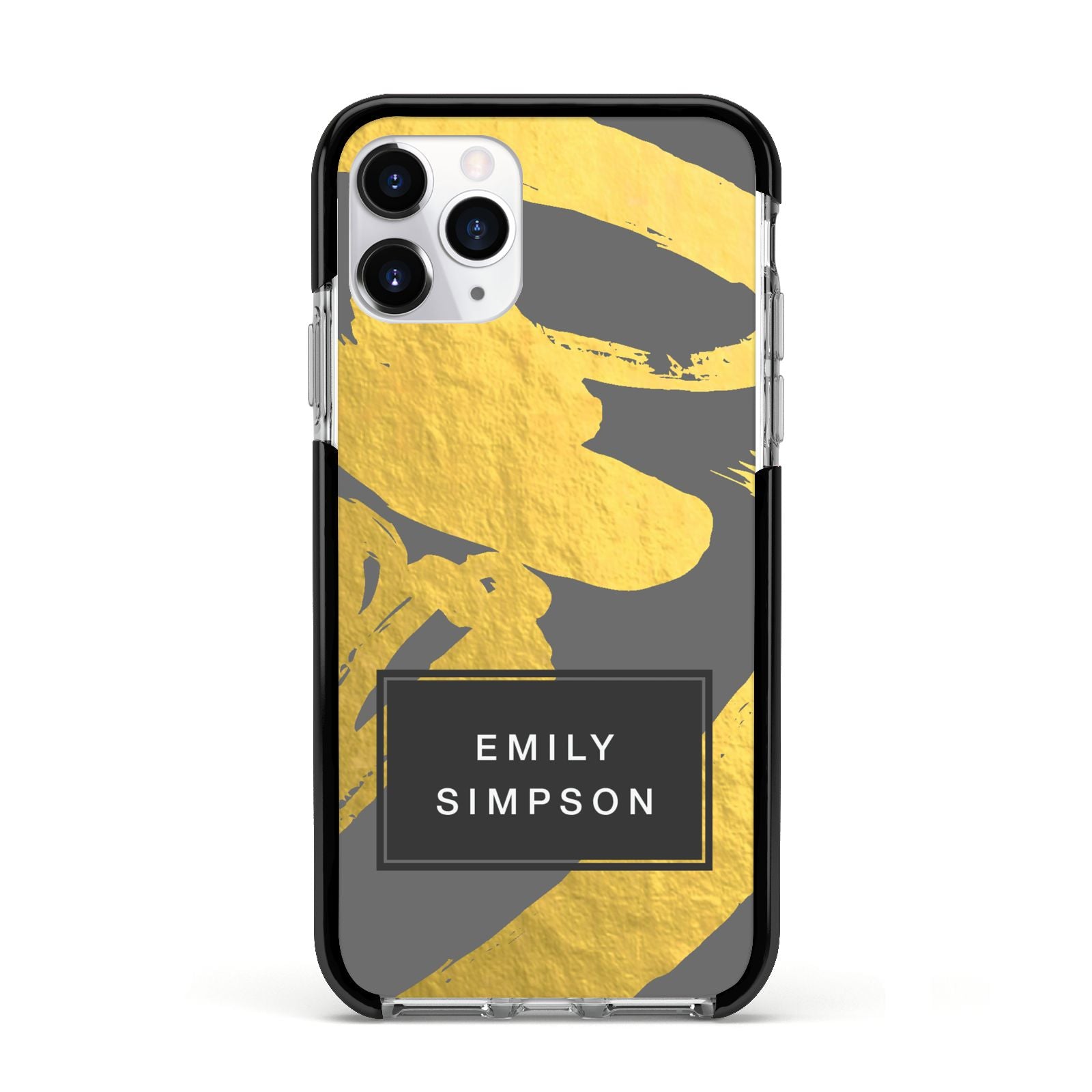 Personalised Gold Leaf Grey With Name Apple iPhone 11 Pro in Silver with Black Impact Case
