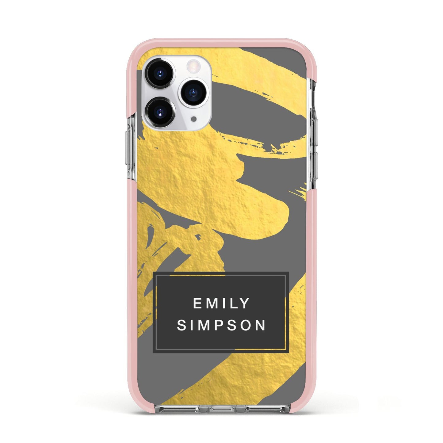 Personalised Gold Leaf Grey With Name Apple iPhone 11 Pro in Silver with Pink Impact Case