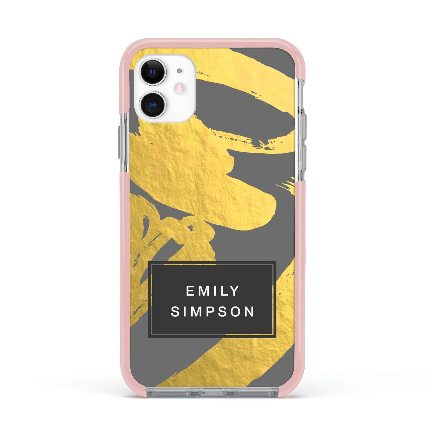 Personalised Gold Leaf Grey With Name Apple iPhone 11 in White with Pink Impact Case