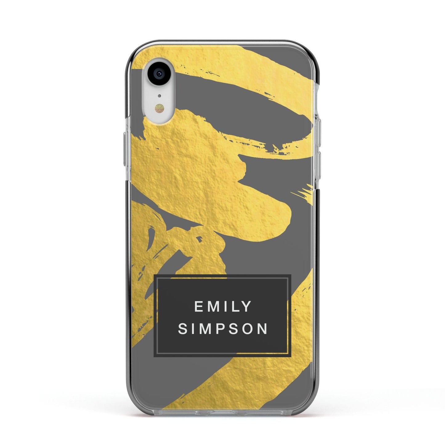 Personalised Gold Leaf Grey With Name Apple iPhone XR Impact Case Black Edge on Silver Phone