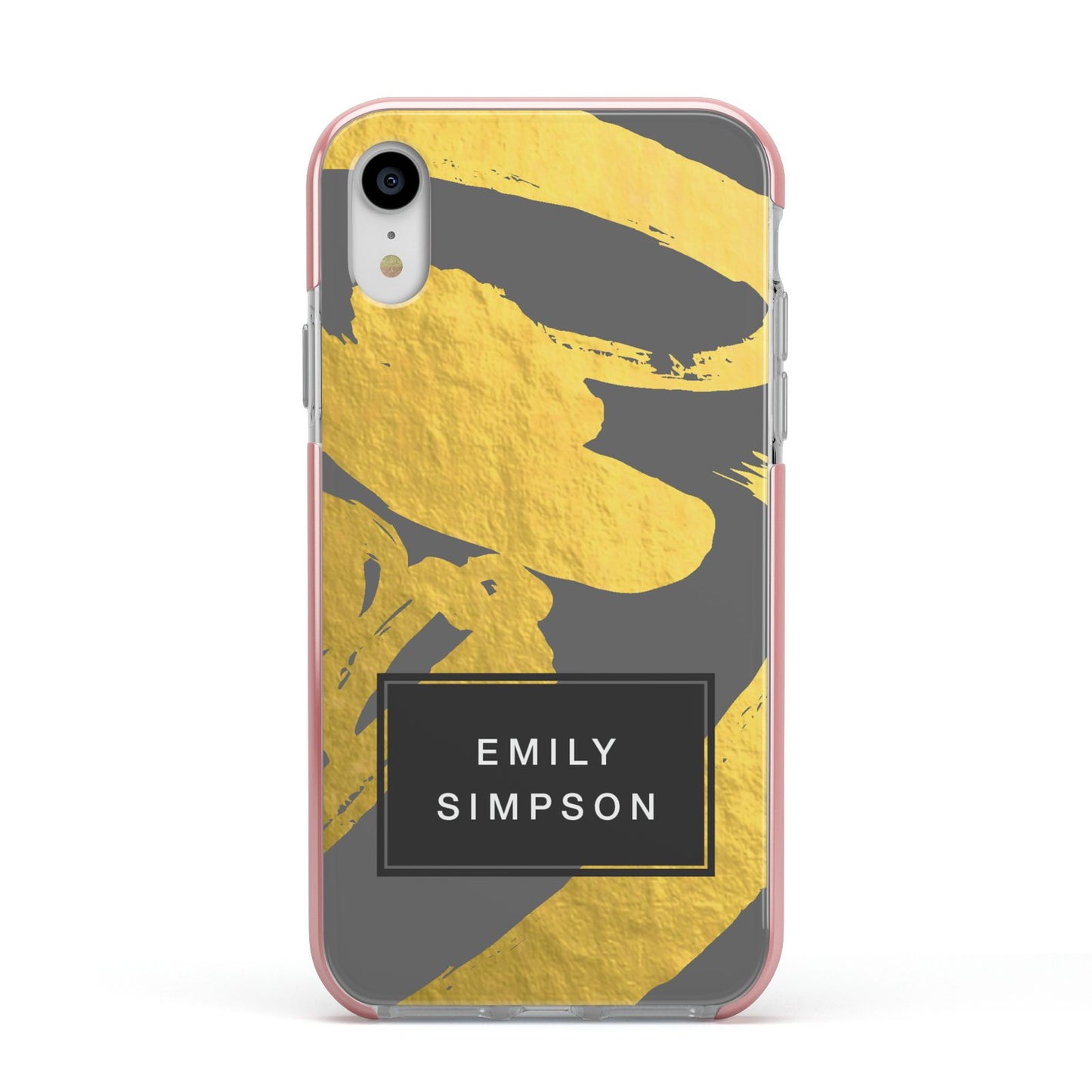 Personalised Gold Leaf Grey With Name Apple iPhone XR Impact Case Pink Edge on Silver Phone