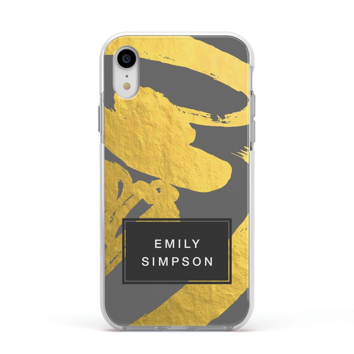 Personalised Gold Leaf Grey With Name Apple iPhone XR Impact Case White Edge on Silver Phone