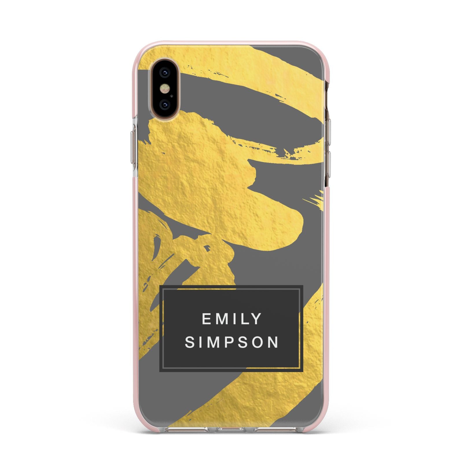 Personalised Gold Leaf Grey With Name Apple iPhone Xs Max Impact Case Pink Edge on Gold Phone