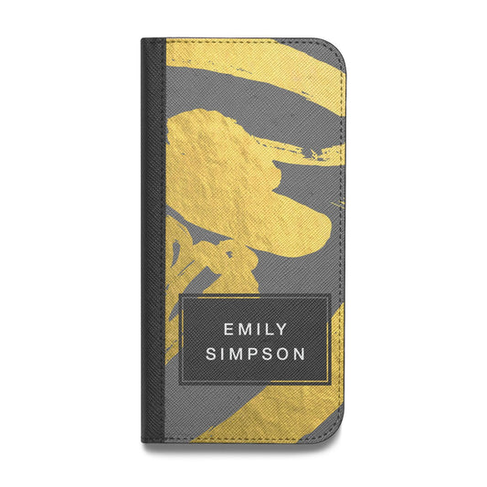 Personalised Gold Leaf Grey With Name Vegan Leather Flip iPhone Case