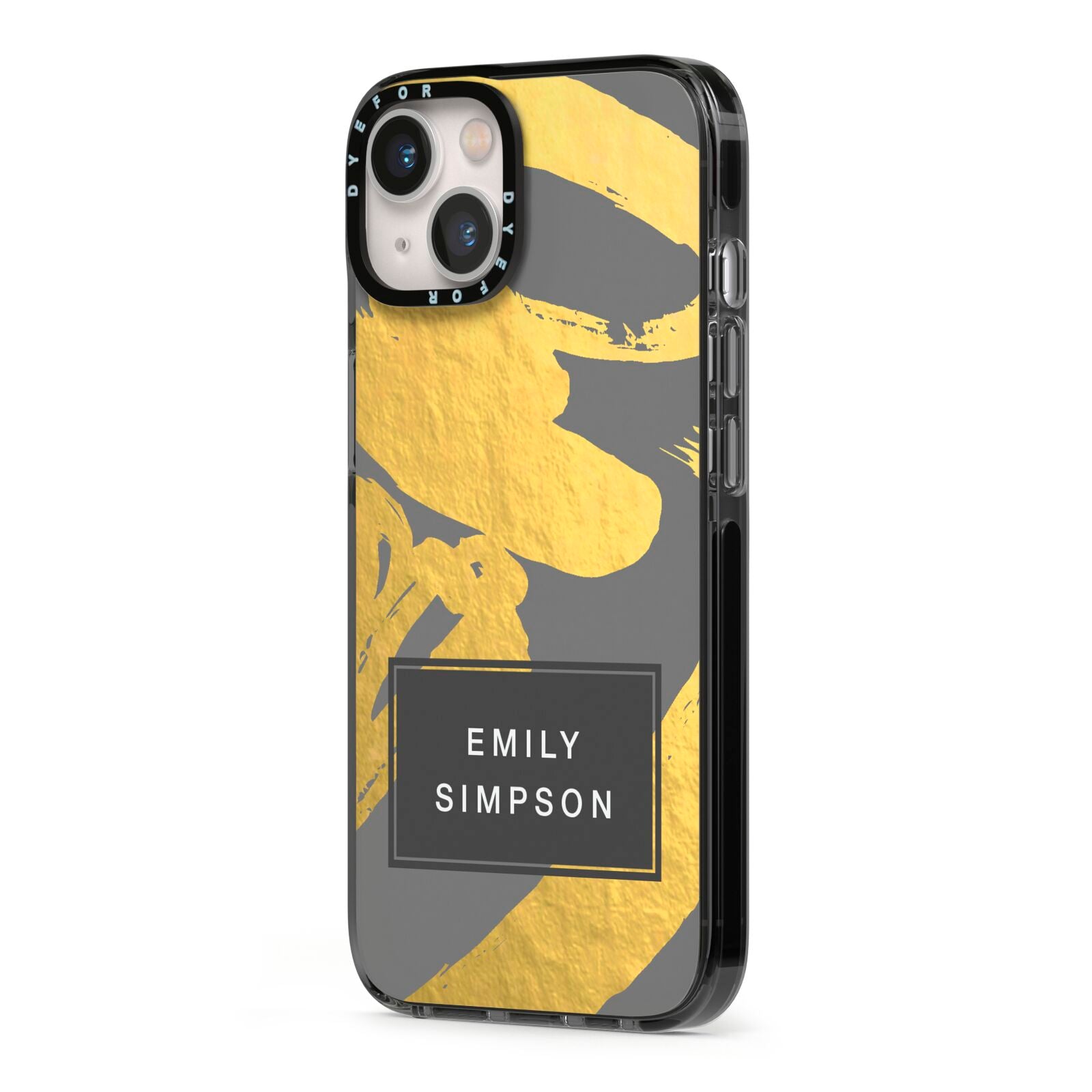 Personalised Gold Leaf Grey With Name iPhone 13 Black Impact Case Side Angle on Silver phone