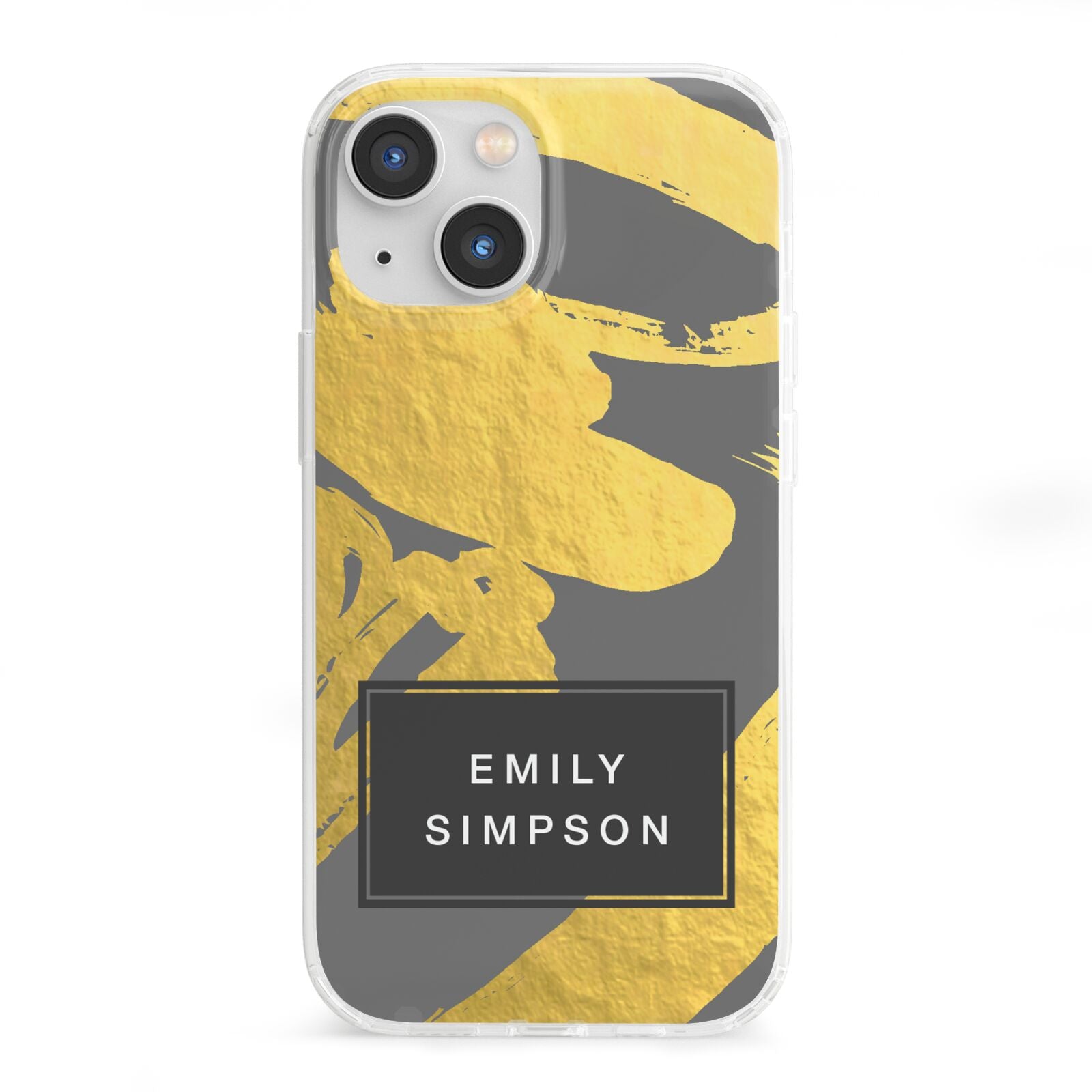 Personalised Gold Leaf Grey With Name iPhone 13 Mini Clear Bumper Case