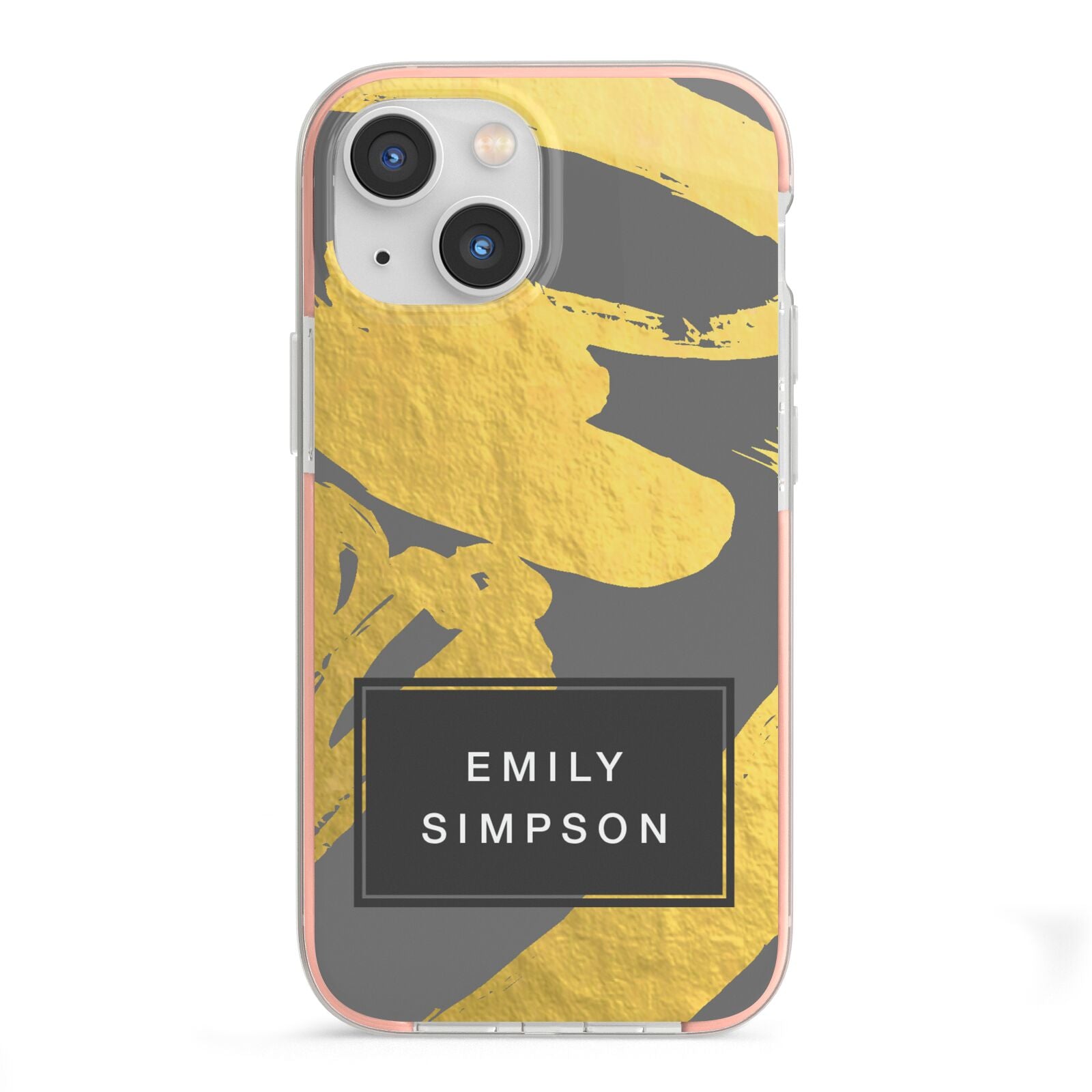 Personalised Gold Leaf Grey With Name iPhone 13 Mini TPU Impact Case with Pink Edges