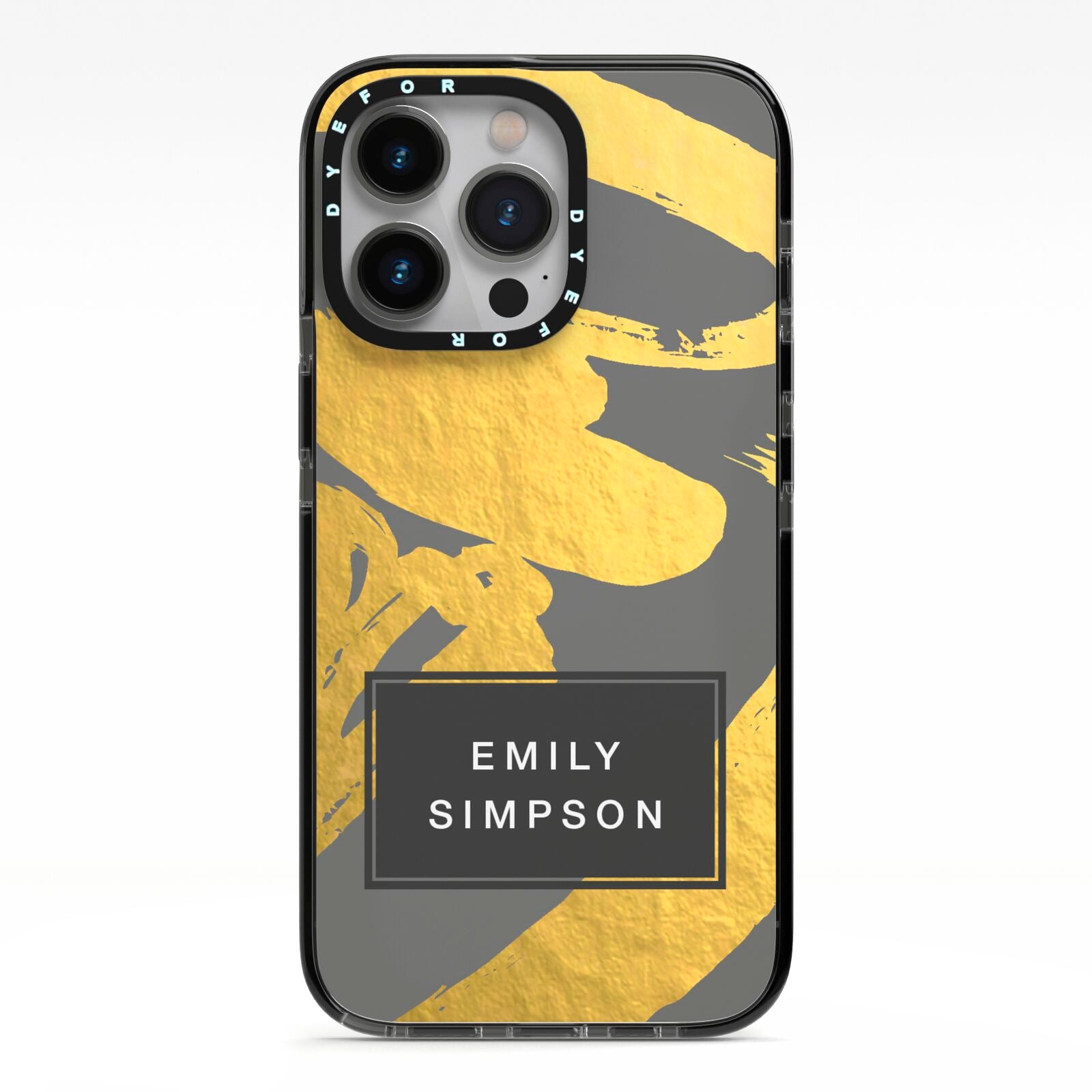 Personalised Gold Leaf Grey With Name iPhone 13 Pro Black Impact Case on Silver phone