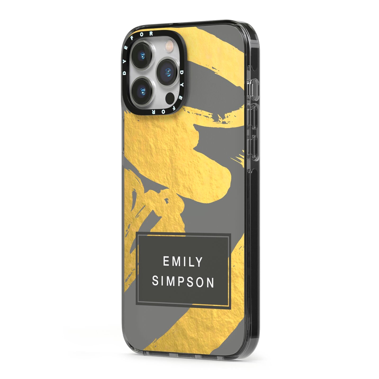 Personalised Gold Leaf Grey With Name iPhone 13 Pro Max Black Impact Case Side Angle on Silver phone