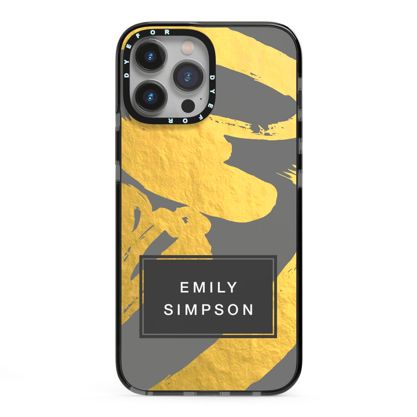 Personalised Gold Leaf Grey With Name iPhone 13 Pro Max Black Impact Case on Silver phone