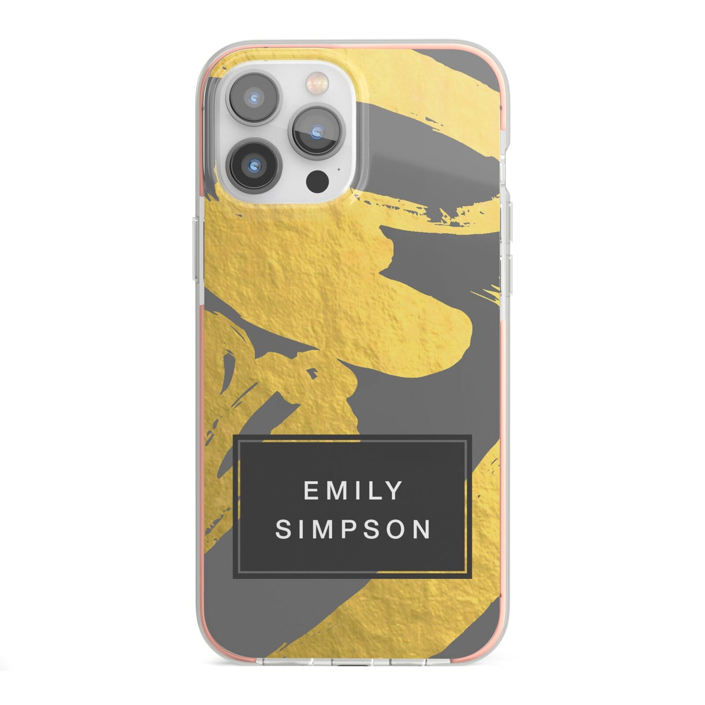 Personalised Gold Leaf Grey With Name iPhone 13 Pro Max TPU Impact Case with Pink Edges