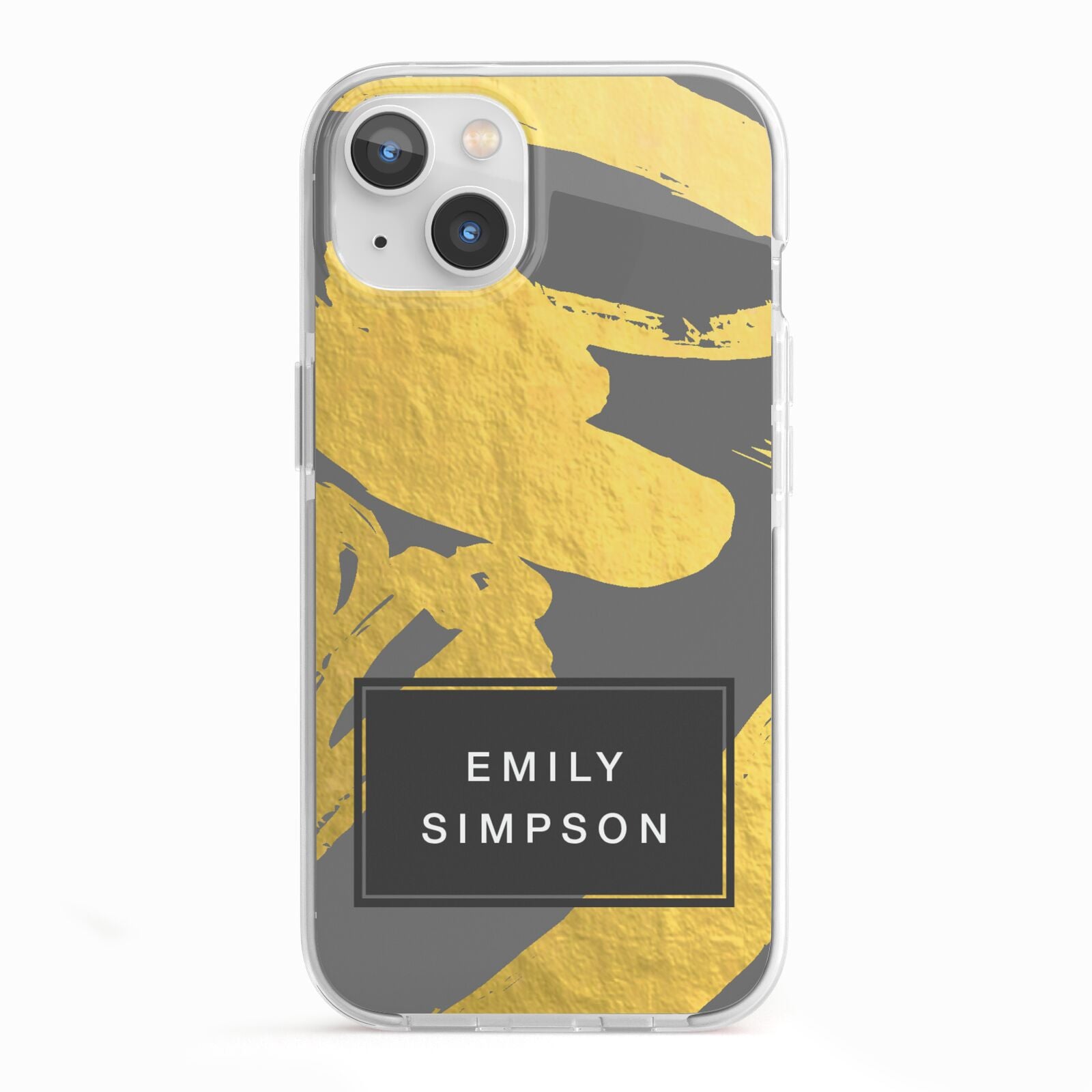 Personalised Gold Leaf Grey With Name iPhone 13 TPU Impact Case with White Edges
