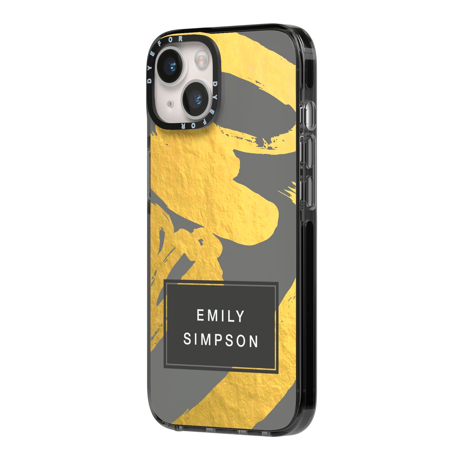 Personalised Gold Leaf Grey With Name iPhone 14 Black Impact Case Side Angle on Silver phone