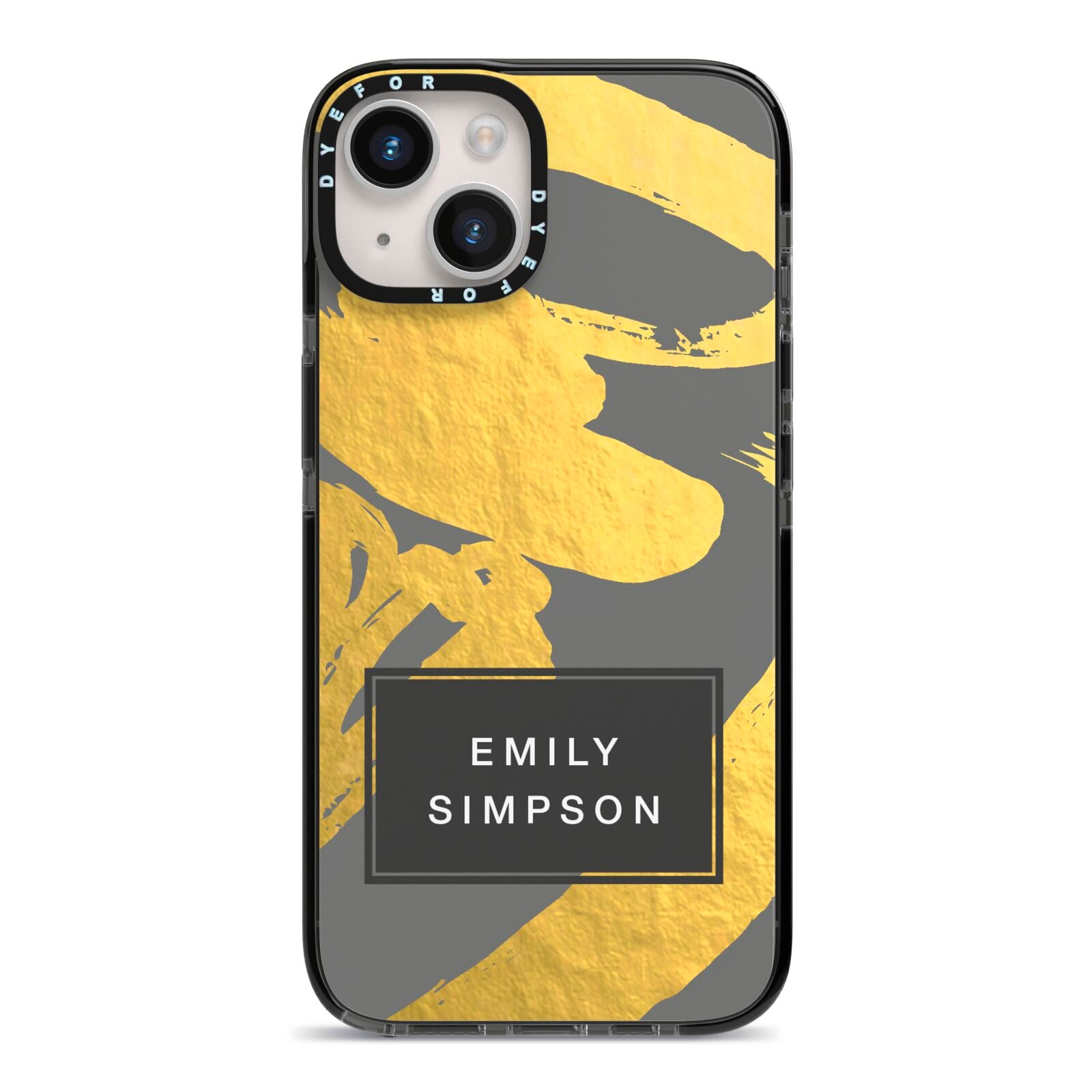 Personalised Gold Leaf Grey With Name iPhone 14 Black Impact Case on Silver phone