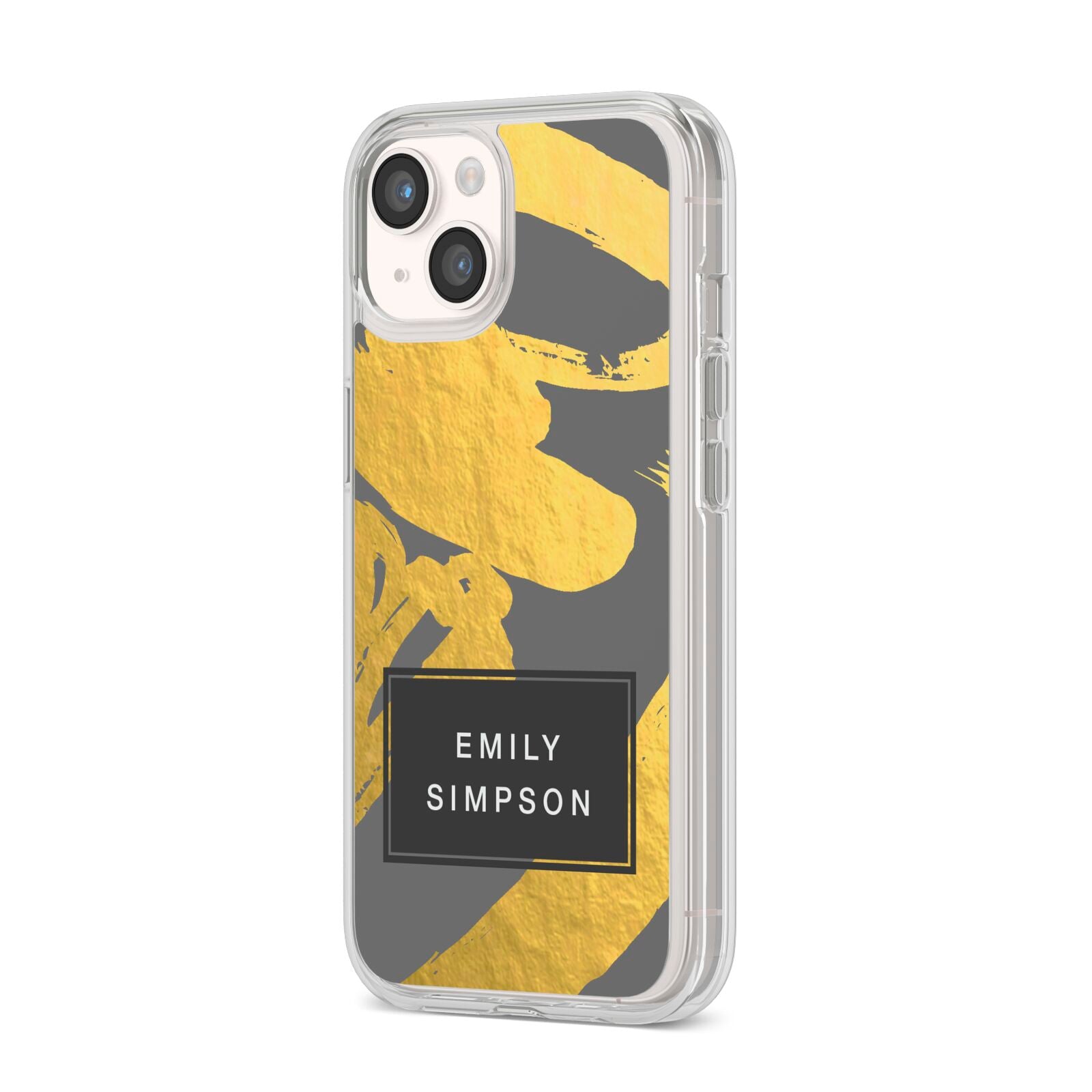 Personalised Gold Leaf Grey With Name iPhone 14 Clear Tough Case Starlight Angled Image