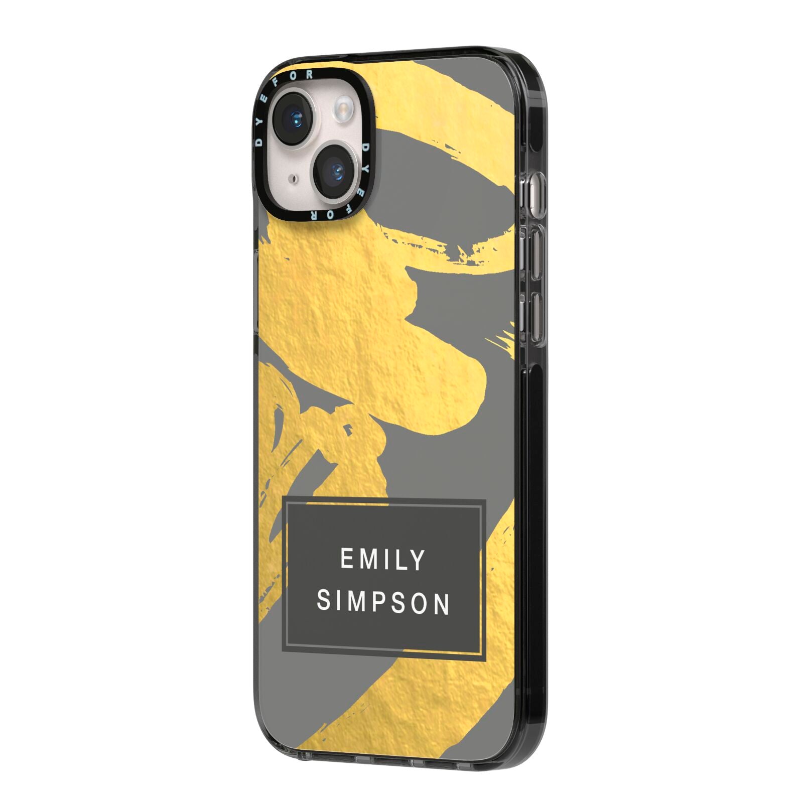 Personalised Gold Leaf Grey With Name iPhone 14 Plus Black Impact Case Side Angle on Silver phone
