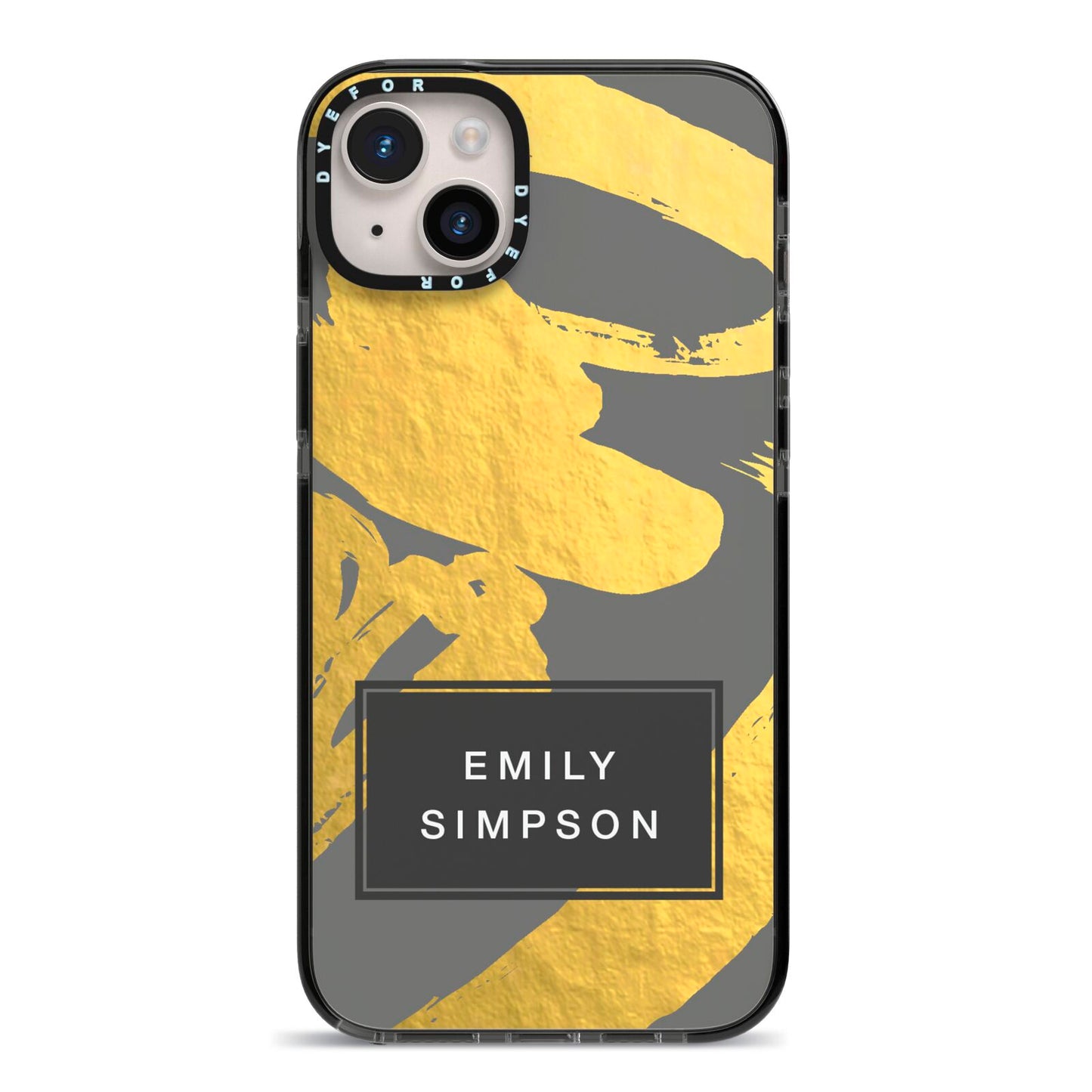 Personalised Gold Leaf Grey With Name iPhone 14 Plus Black Impact Case on Silver phone
