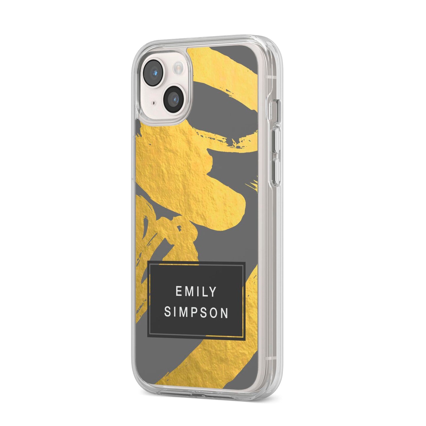 Personalised Gold Leaf Grey With Name iPhone 14 Plus Clear Tough Case Starlight Angled Image