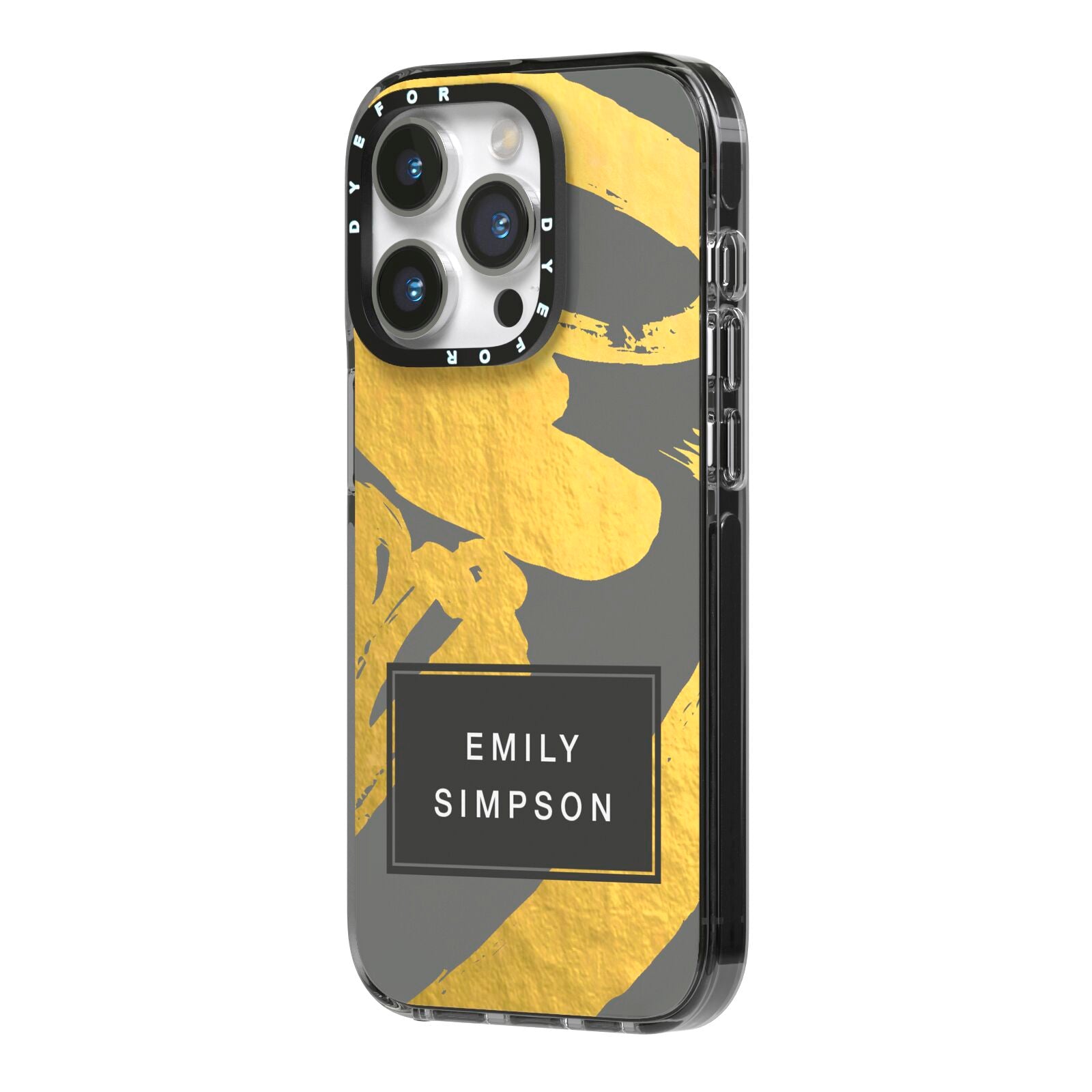 Personalised Gold Leaf Grey With Name iPhone 14 Pro Black Impact Case Side Angle on Silver phone