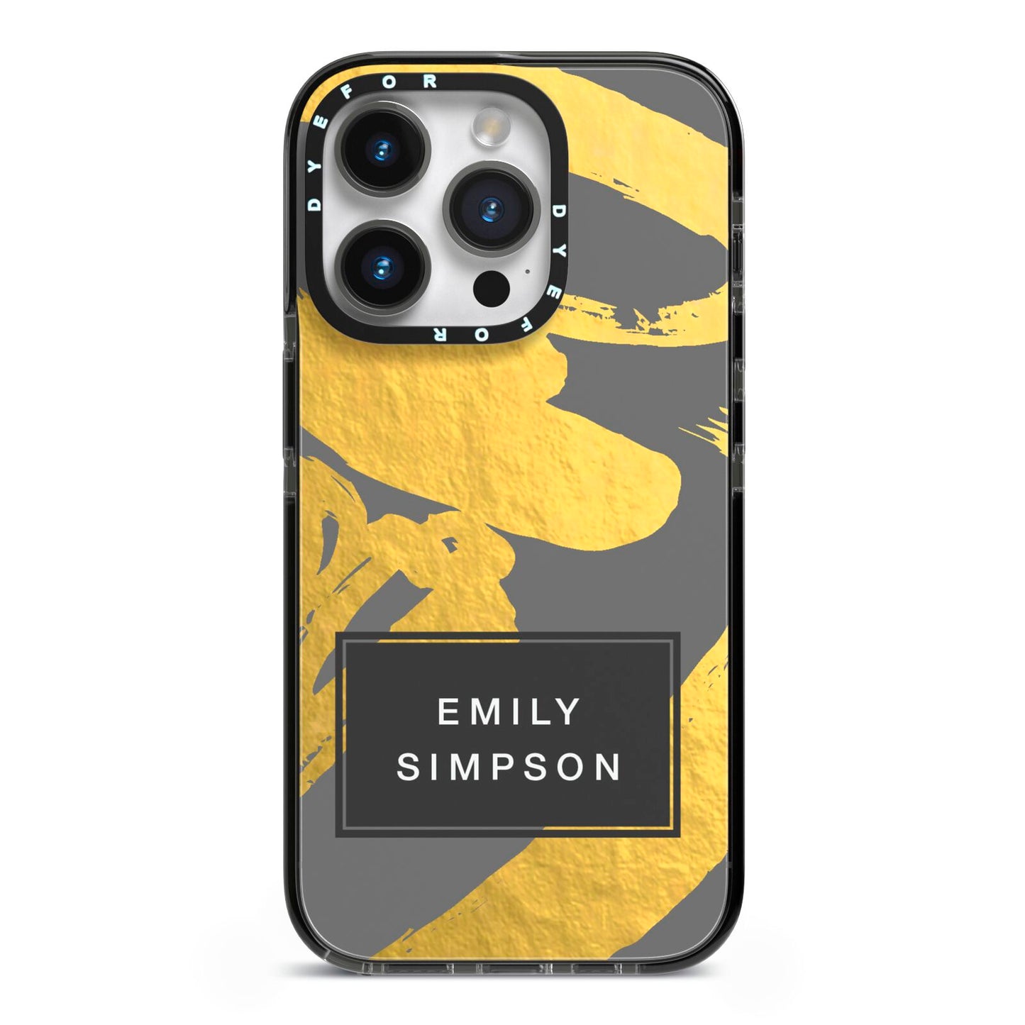 Personalised Gold Leaf Grey With Name iPhone 14 Pro Black Impact Case on Silver phone