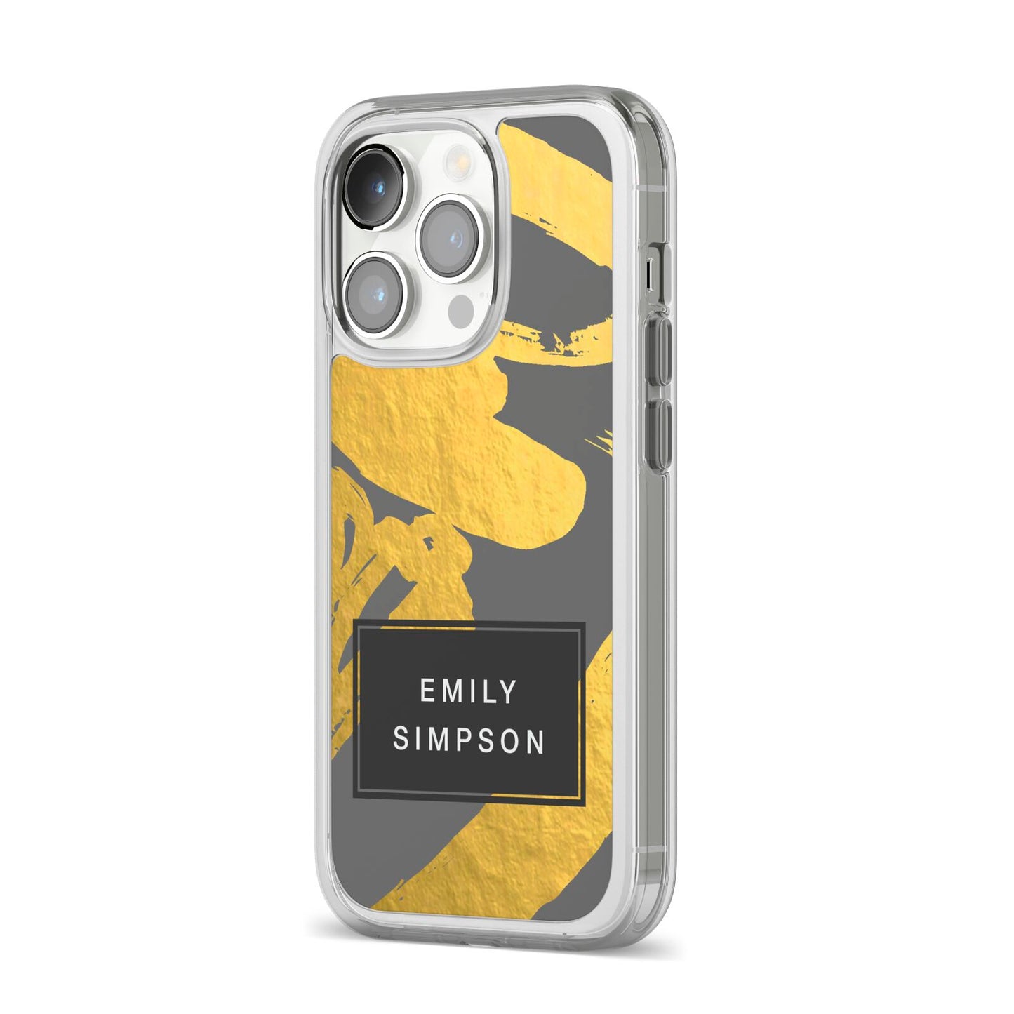 Personalised Gold Leaf Grey With Name iPhone 14 Pro Clear Tough Case Silver Angled Image