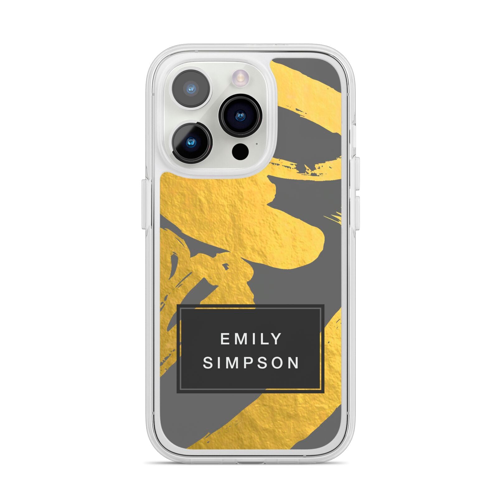Personalised Gold Leaf Grey With Name iPhone 14 Pro Clear Tough Case Silver