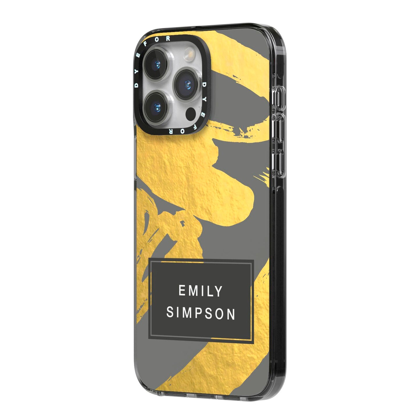 Personalised Gold Leaf Grey With Name iPhone 14 Pro Max Black Impact Case Side Angle on Silver phone