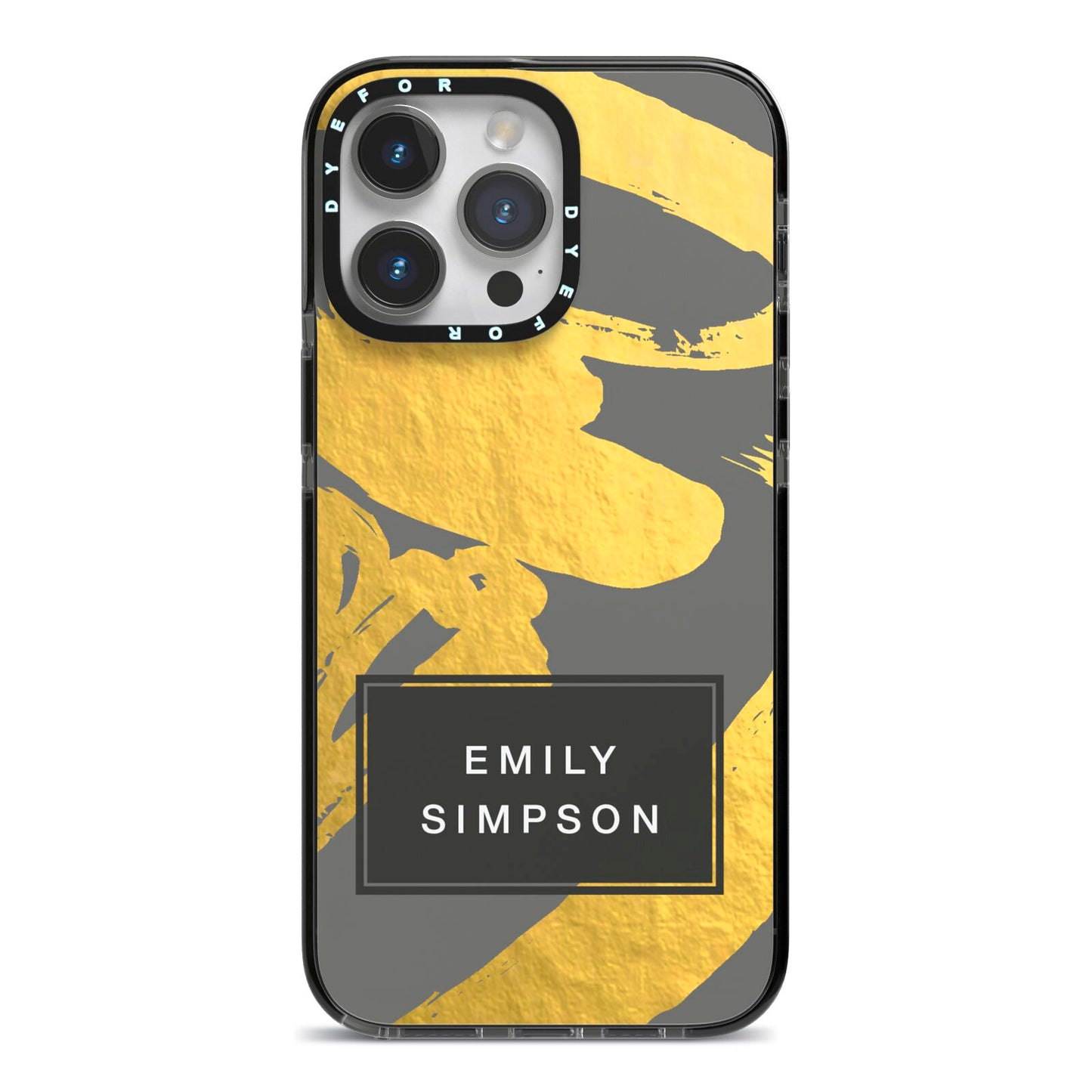 Personalised Gold Leaf Grey With Name iPhone 14 Pro Max Black Impact Case on Silver phone