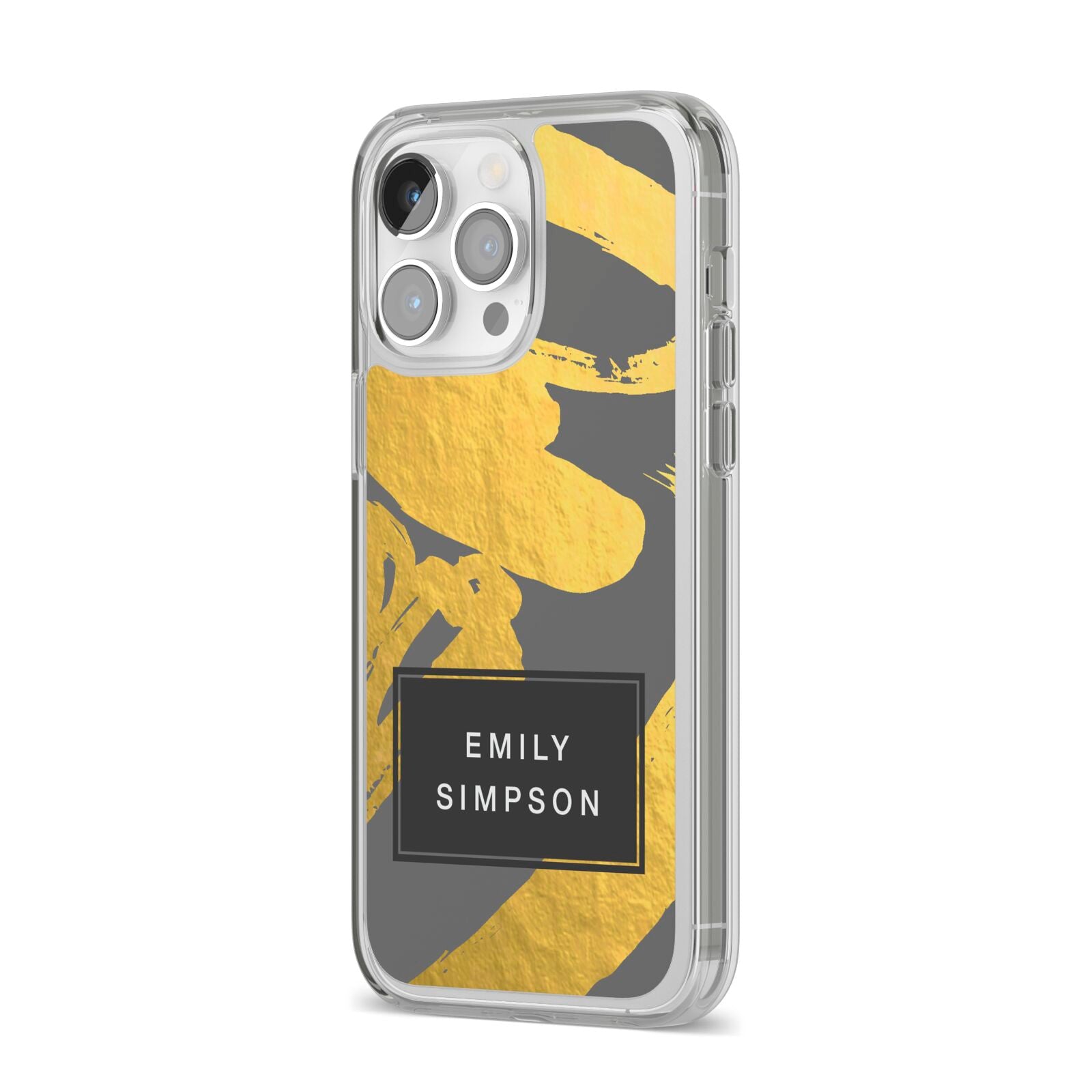 Personalised Gold Leaf Grey With Name iPhone 14 Pro Max Clear Tough Case Silver Angled Image